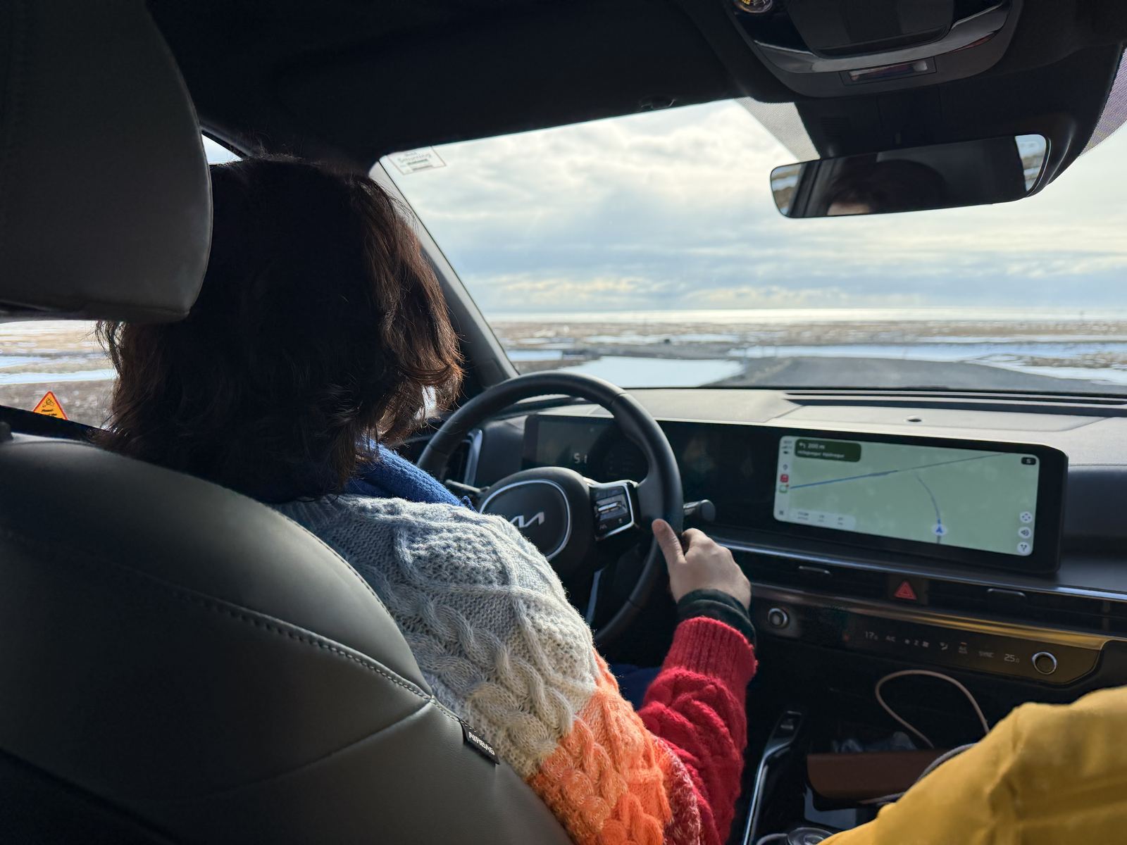 Sucheta driving — colorful knit sweater, icy landscape through the windscreen